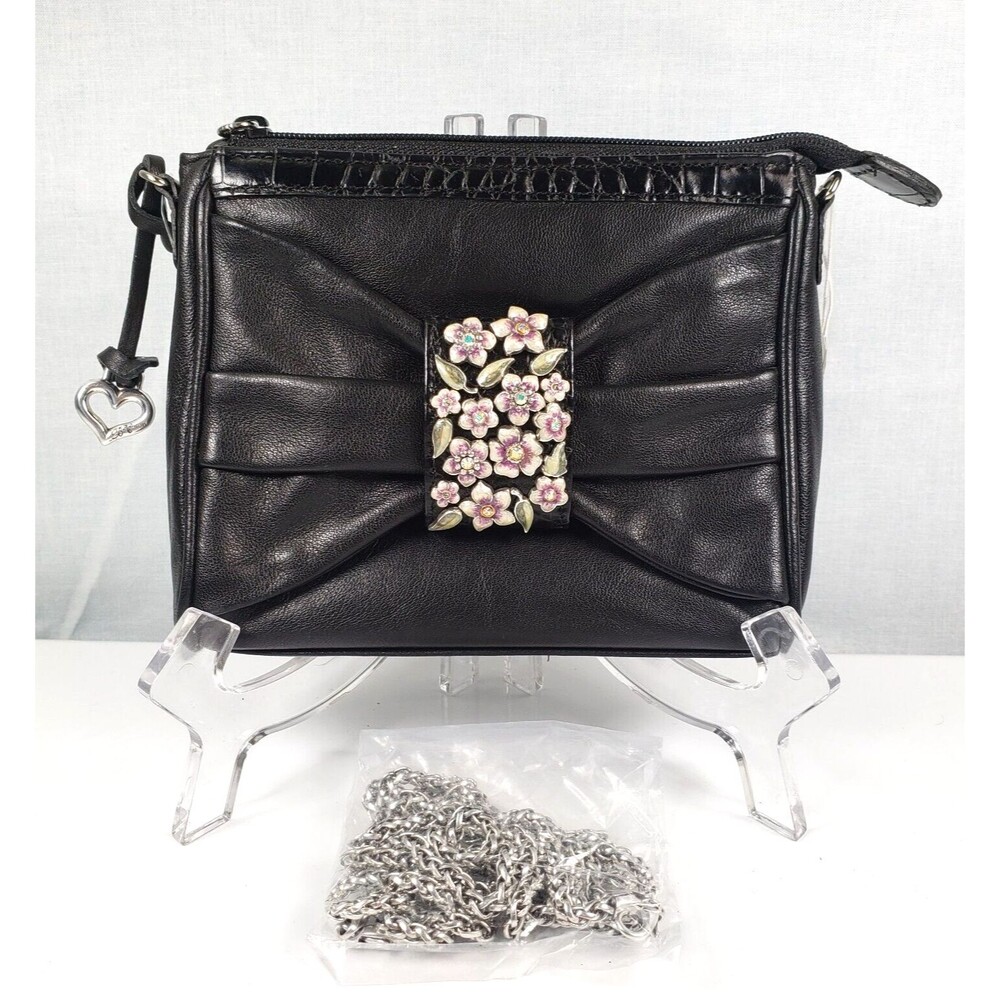 BRIGHTON Black Leather Floral Adorned BOW Small Clutch Mini  Bag